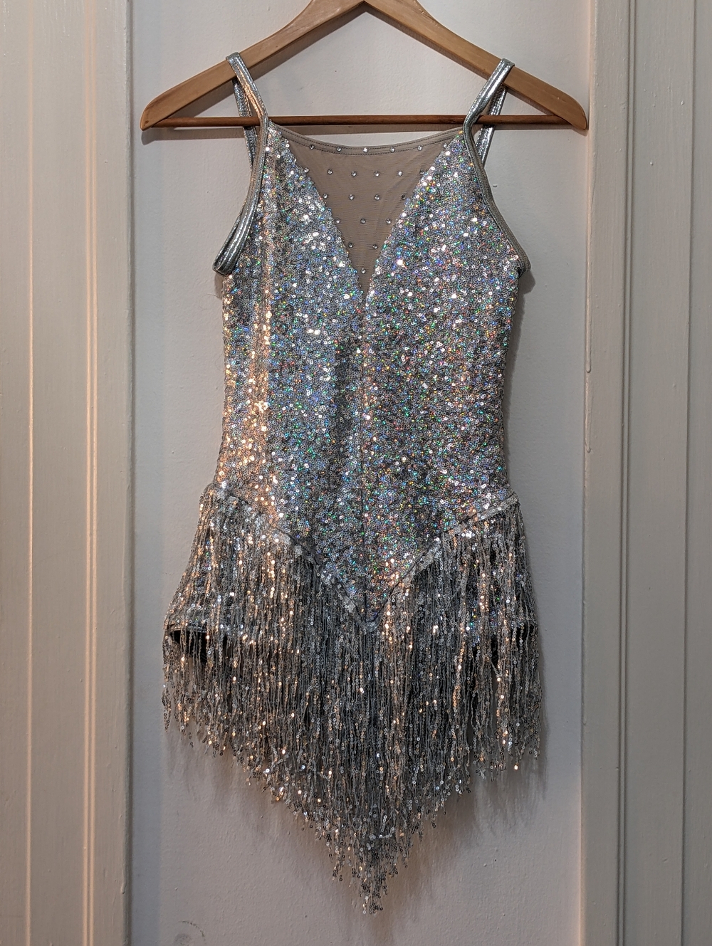 Weissman Silver Sequin Fringe Dance Costume with Mesh Point Gloves. Youth.